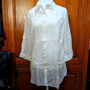 Coldwater Creek 10/12 white pinstripetexture sheer 3/4 sleeve button front tunic